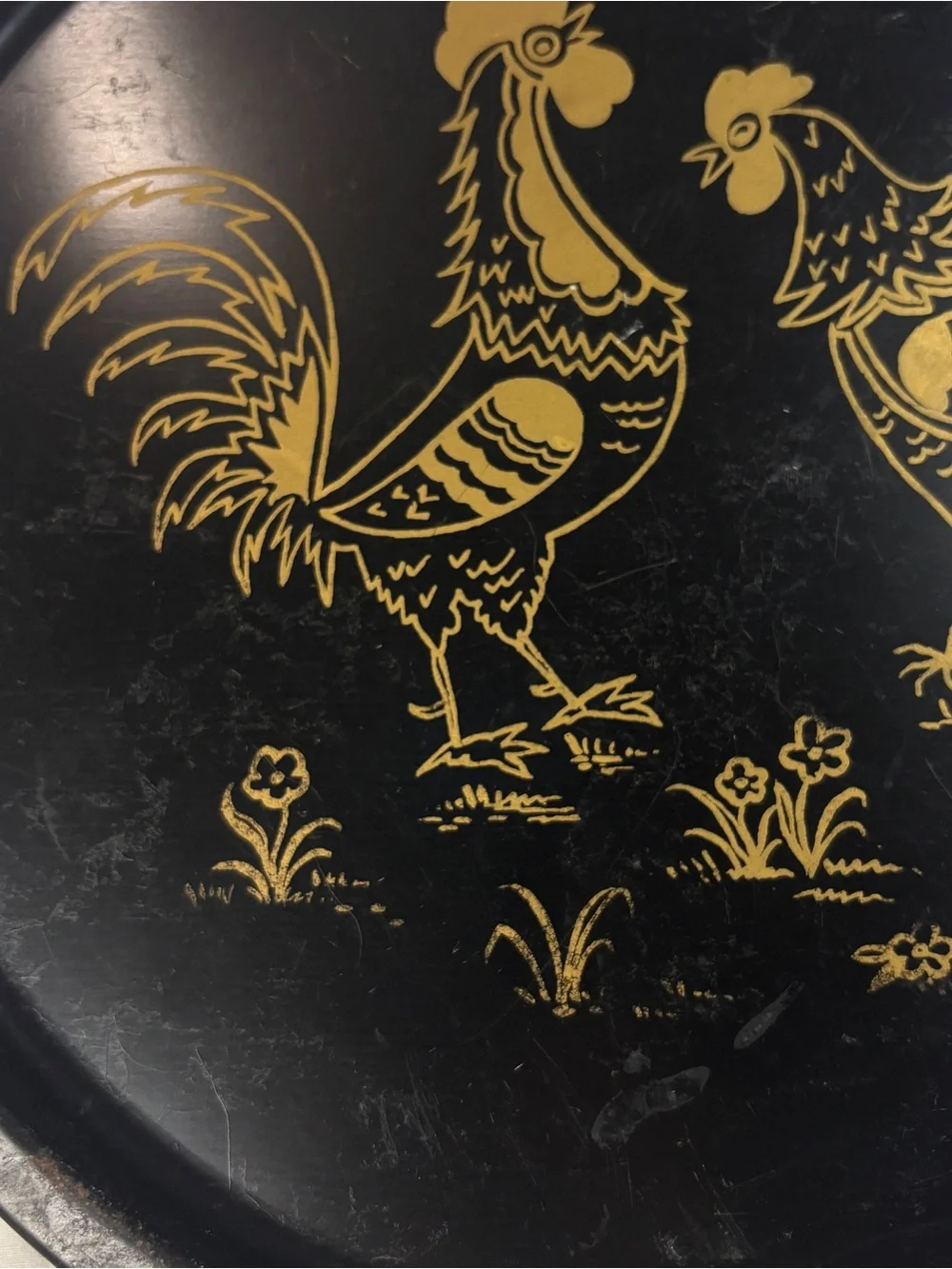 Vtg MCM 1950s Black Metal Serving Tray with Gold Rooster and Hen folk Design